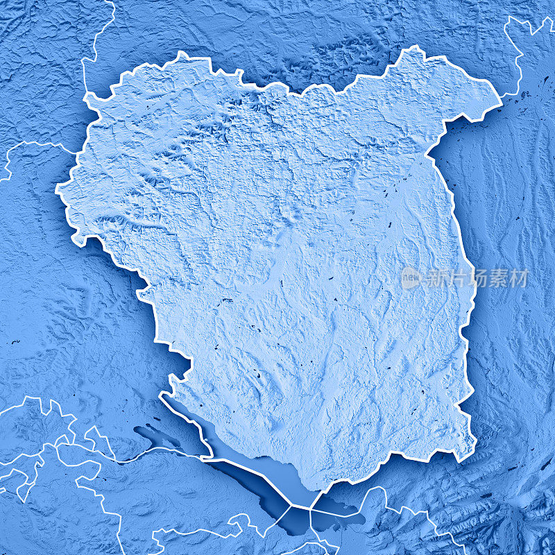 Tübingen行政区域Baden-Württemberg 3D渲染地形图蓝边